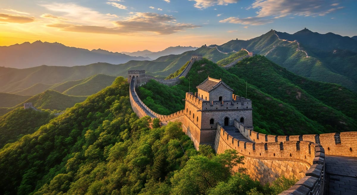 The Great Wall of China winding along forested mountain ridges at sunrise