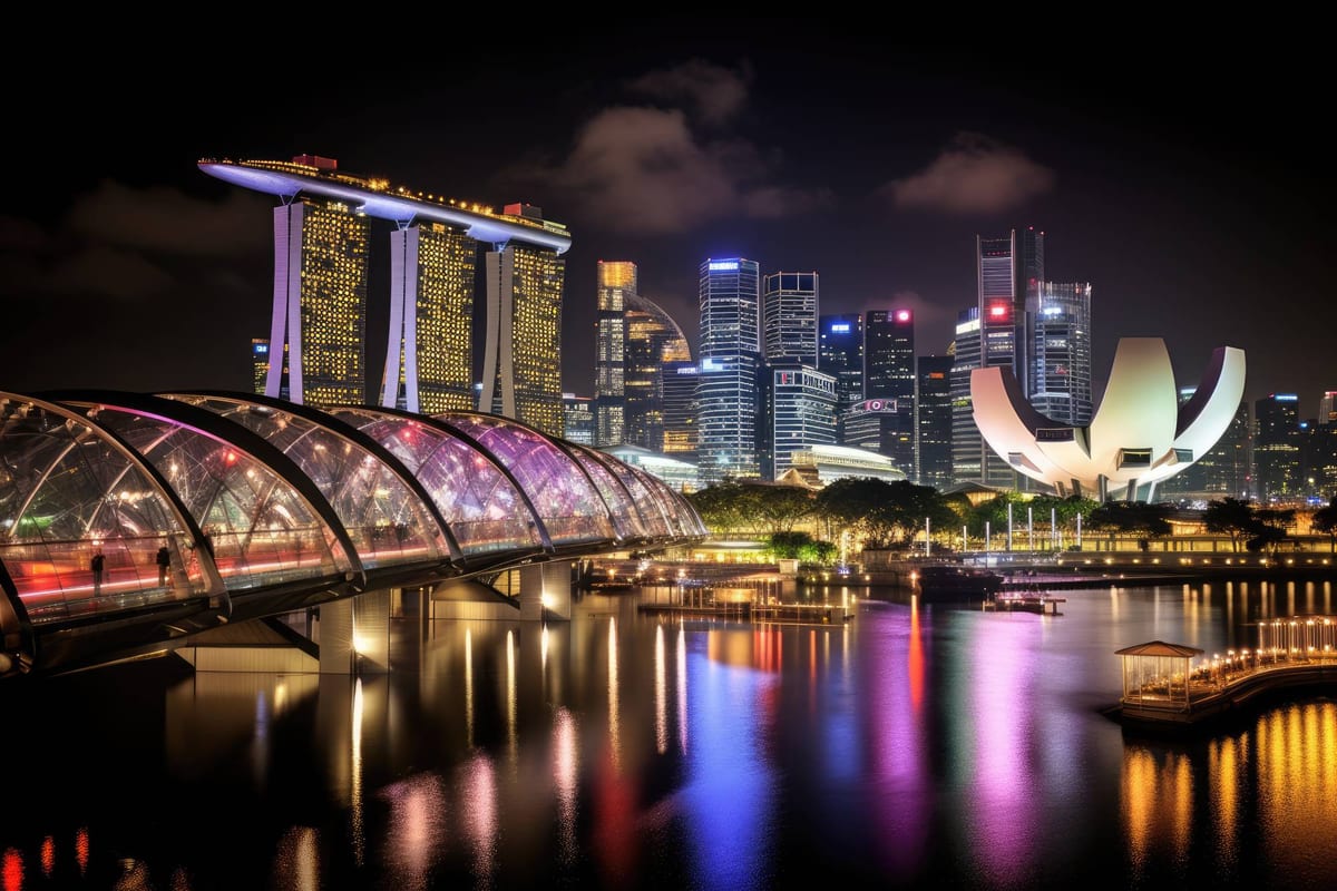 The Marina Bay waterfront at night, its towers and museum lit up and reflected in the water
